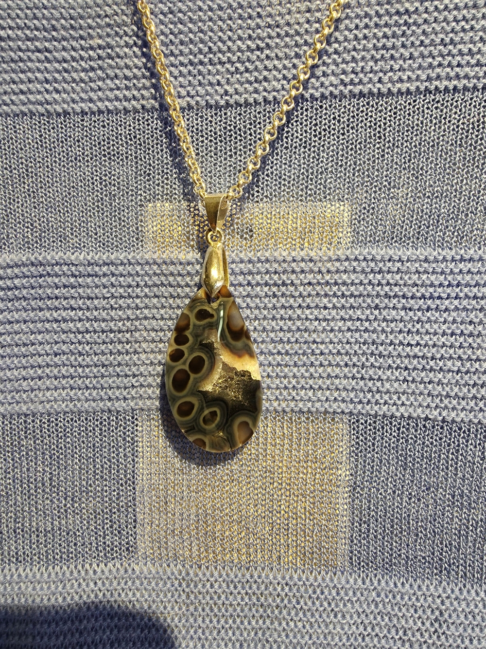 Teardrop Pendant Necklace with Green-Brown Agate